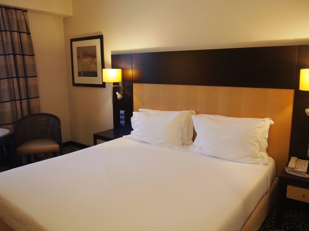 Cama doble con almohadas blancas